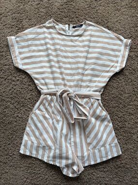 SHEIN Beige and White Striped Belted Tunic Romper